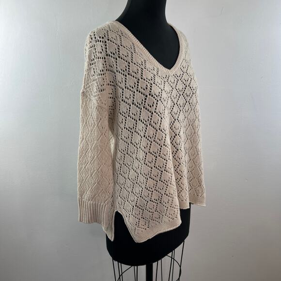 CALYPSO Cashmere Diamond Knit Sweater V-Neckline Long Sleeve Beige Size L Large - Picture 4 of 9